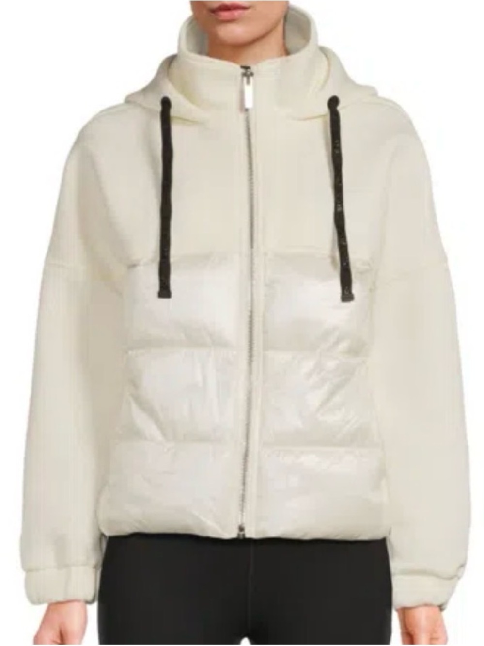 DKNY Cream Hooded Puffer Jacket with Black Drawcords